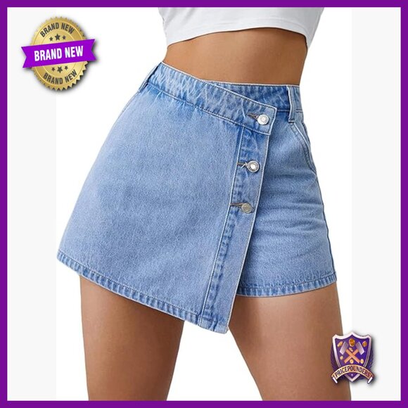 Pants - High Waisted Stretchy Denim Skort Asymmetrical Mini with Shorts